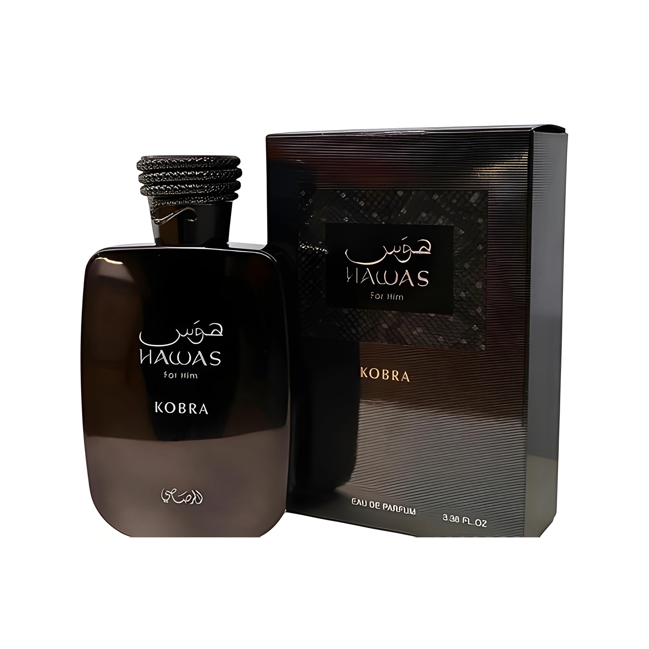 Rasasi Hawas Kobra bottle detail reveals refined glasswork and branding