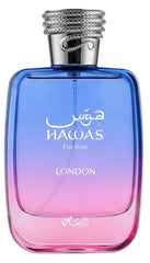 Rasasi Hawas London bottle pour showing long-lasting fragrance for daily wear.