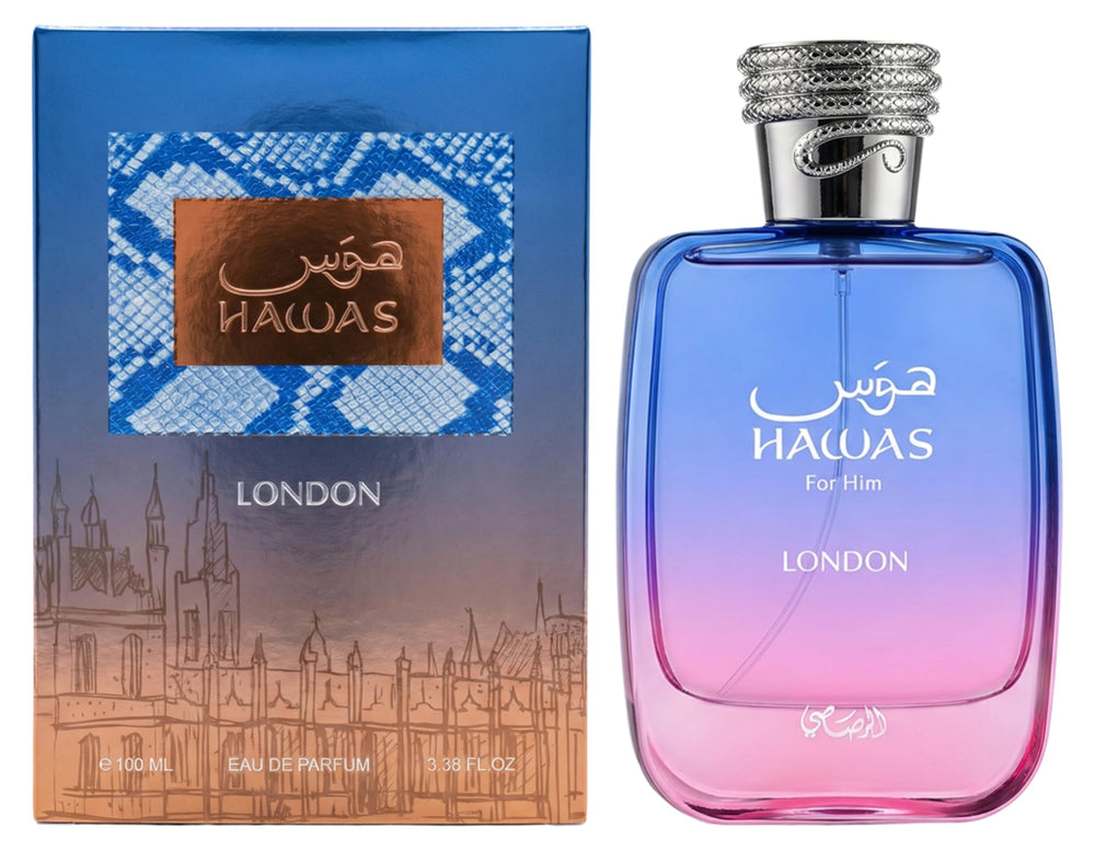 Rasasi Hawas London packaging showcases premium presentation for upscale gifting.