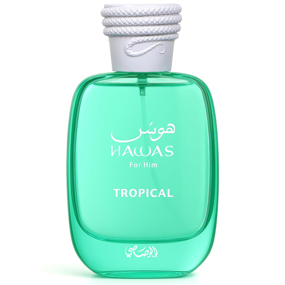 Rasasi Hawas Tropical bottle front view, ideal for daytime wear and tropical freshness.