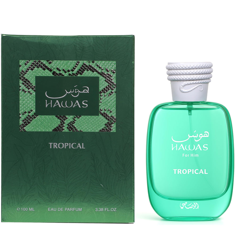 Rasasi Hawas Tropical close-up of notes like fig leaf and coconut for a vibrant mood.