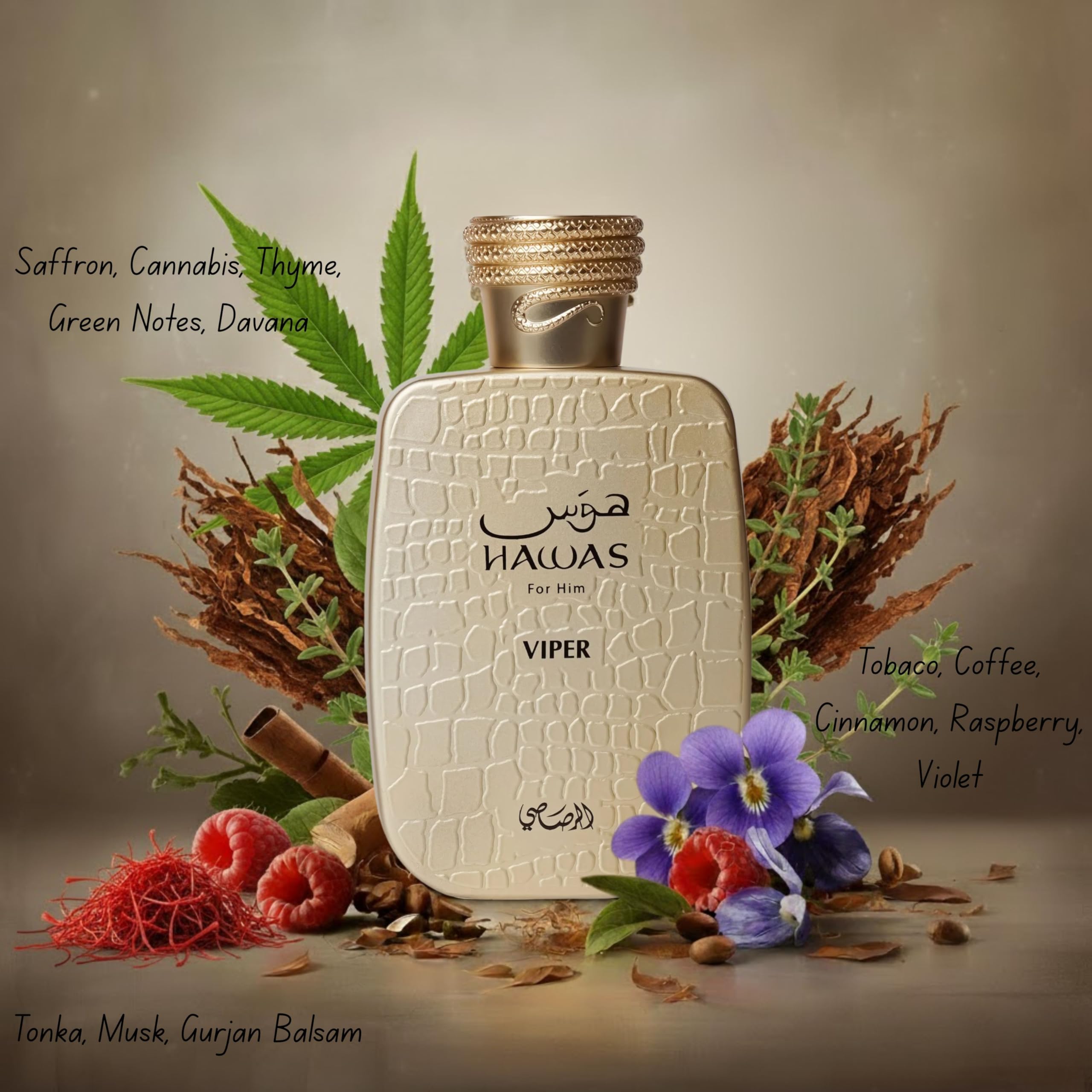 RASASI Hawas Viper heart notes blend tobacco and coffee for depth.