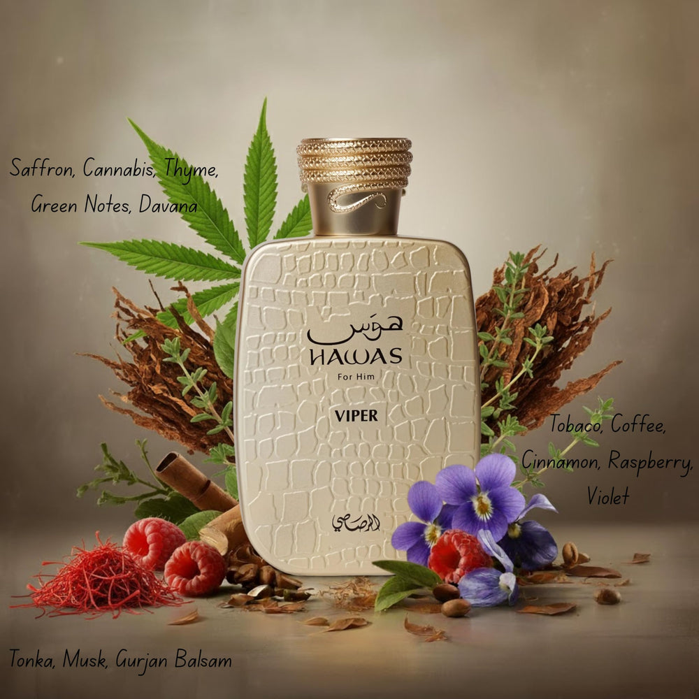 RASASI Hawas Viper heart notes blend tobacco and coffee for depth.