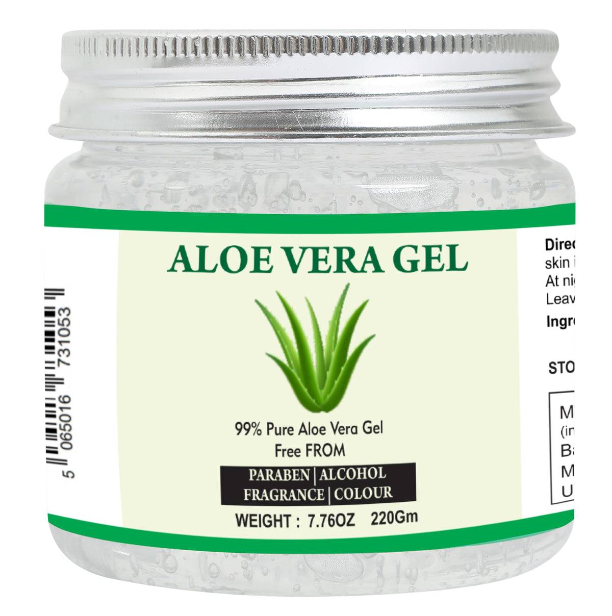 Raslok Aloe Vera Gel 99% puro en bote, hidratación suave para la piel.