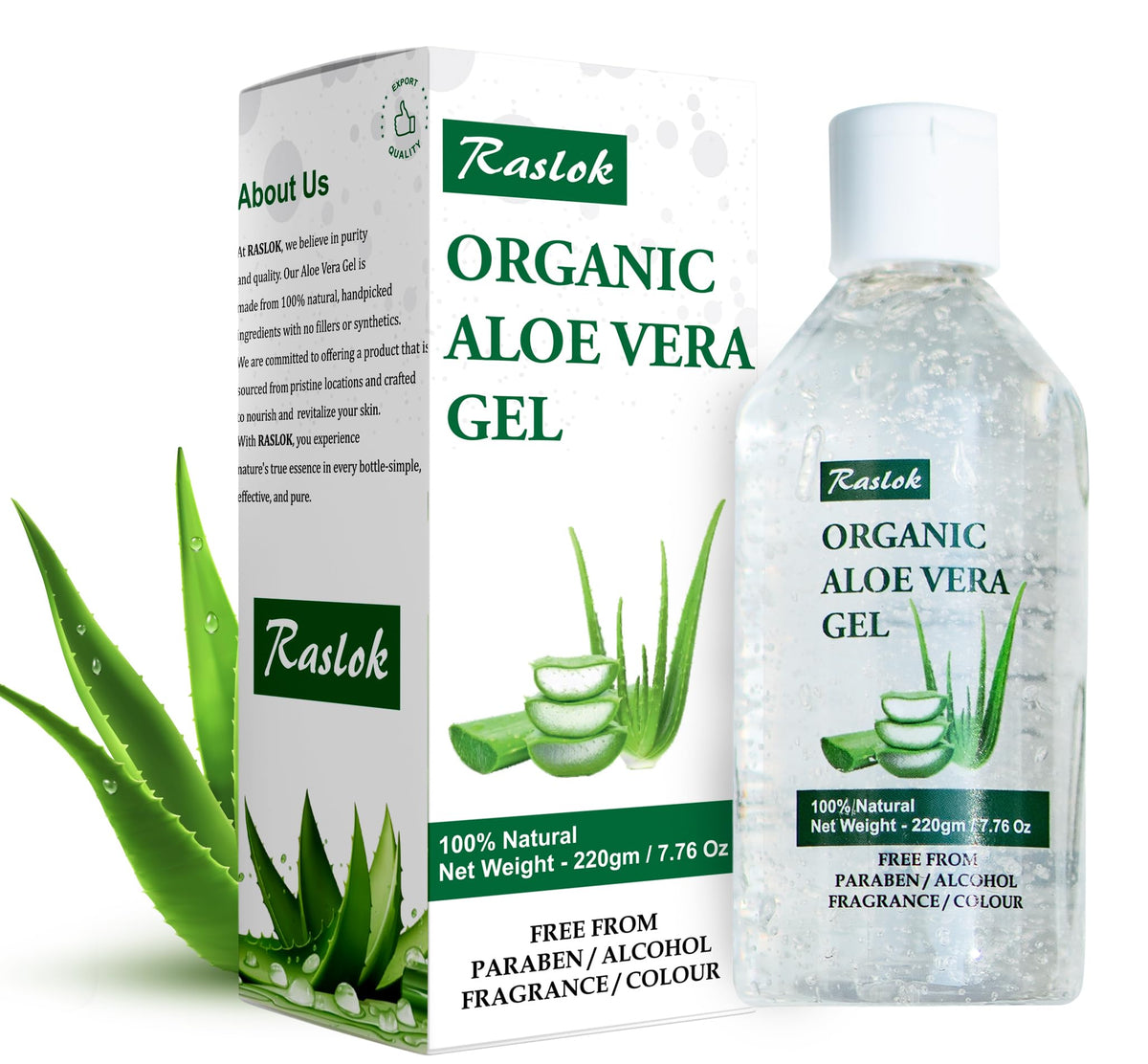 Raslok Aloe Vera Gel para piel hidratada y suave, uso diario.
