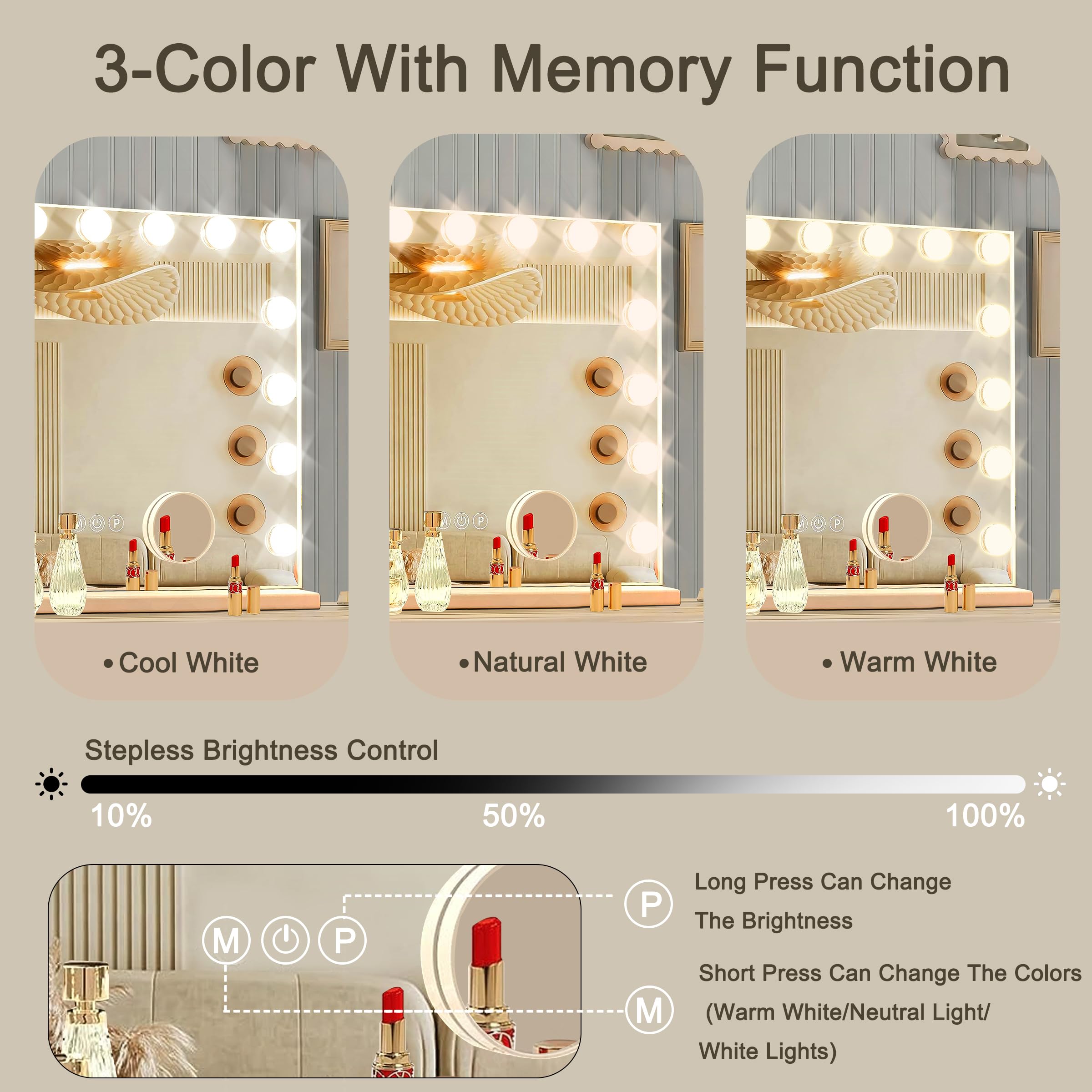 Ratsamee vanity mirror with 3 color light settings for day-to-night looks