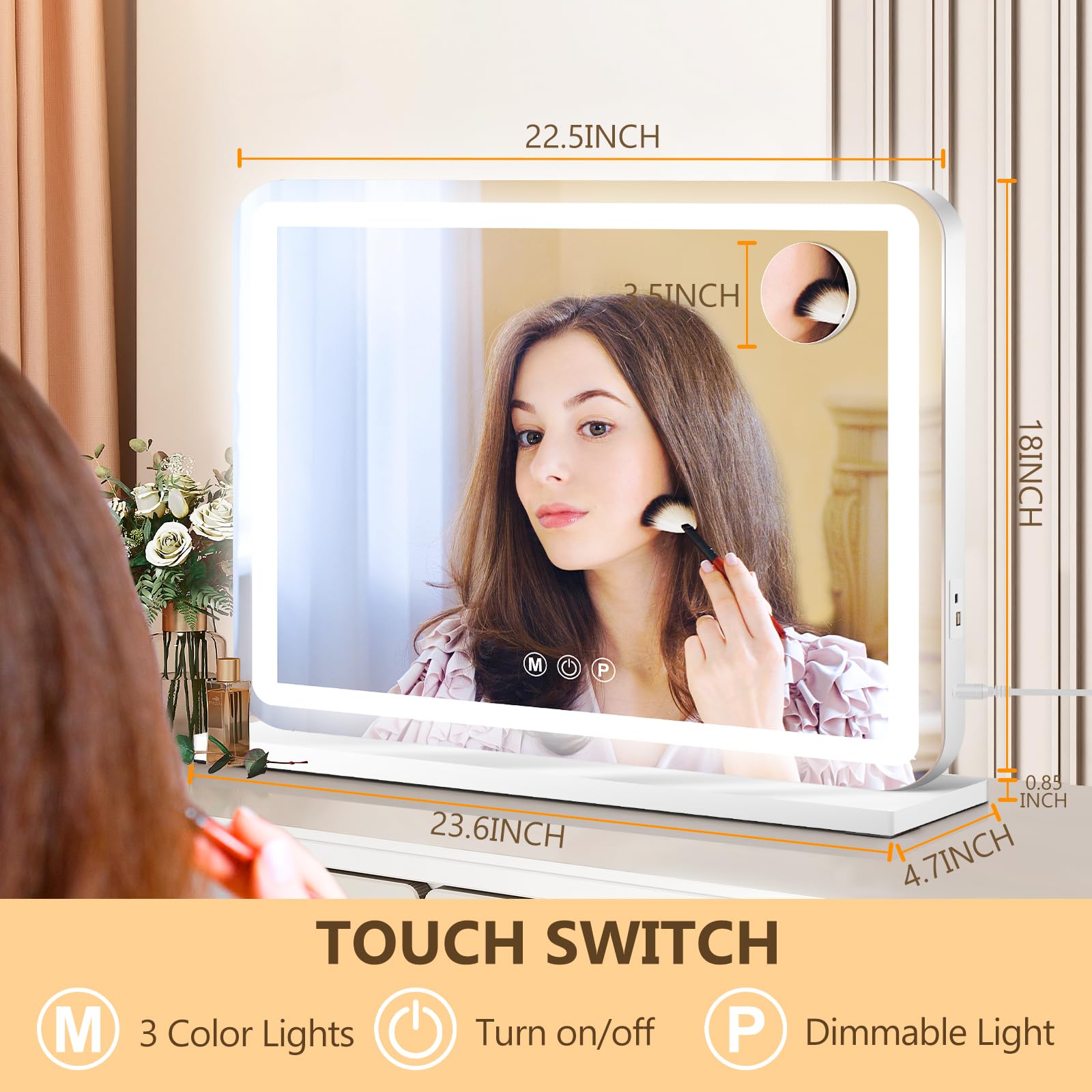 Ratsamee vanity mirror touch control enables quick brightness and color temperature adjustments