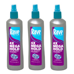Rave 4x Mega sin fragancia, pulverizador de 11 oz, fijación duradera para peinados sin olores.