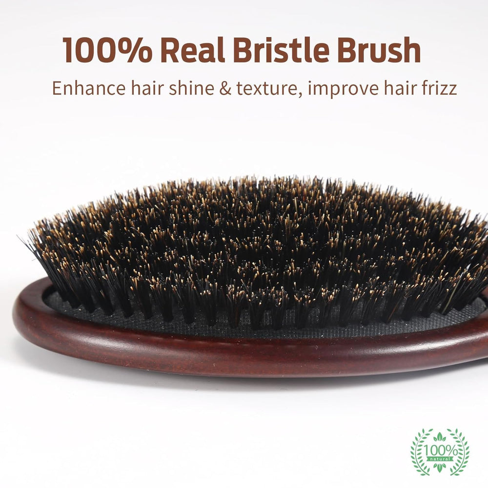 RAVEGO boar bristle brush close-up shows natural bristles for even oil distribution.