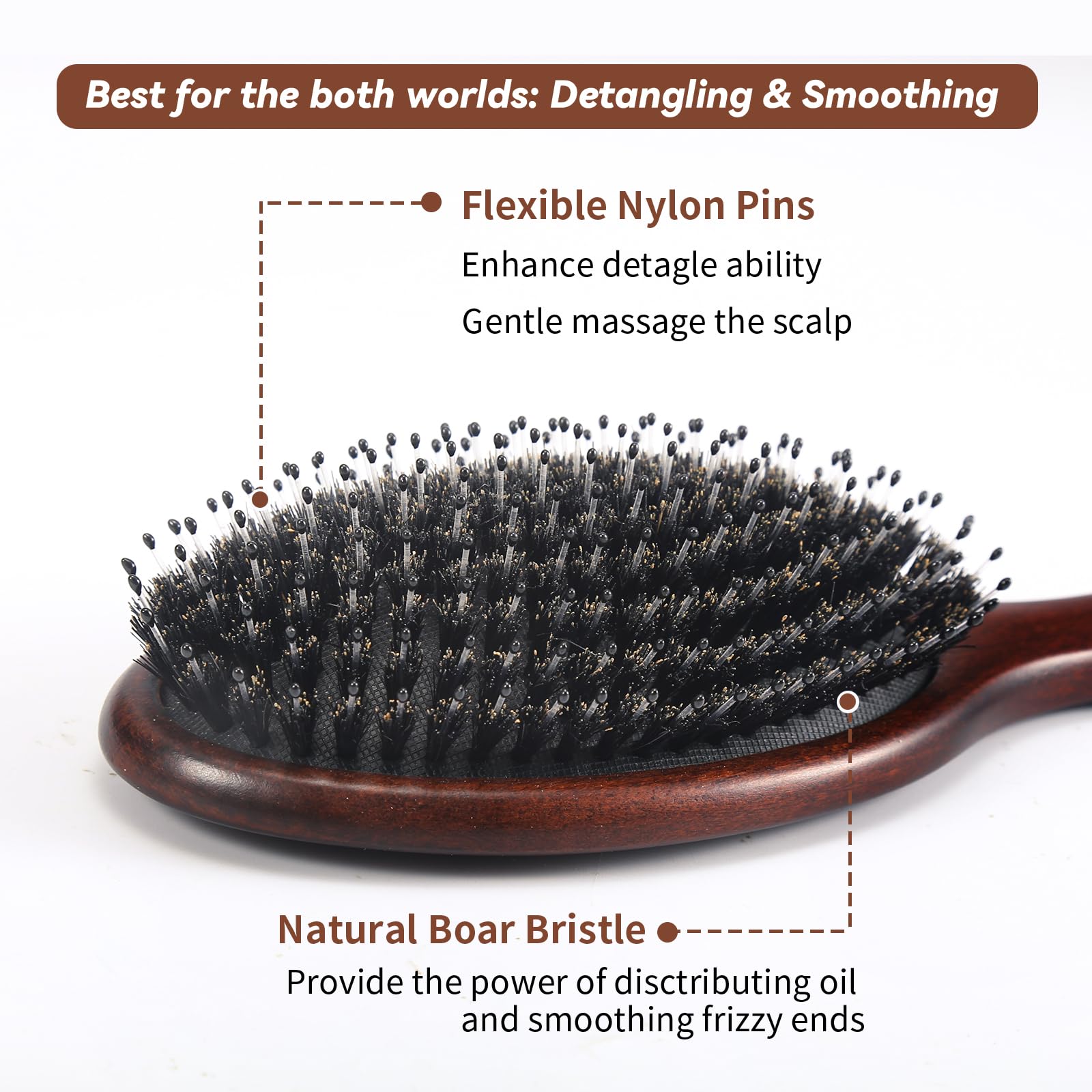 RAVEGO boar bristles evenly distribute scalp oils for healthier shine.