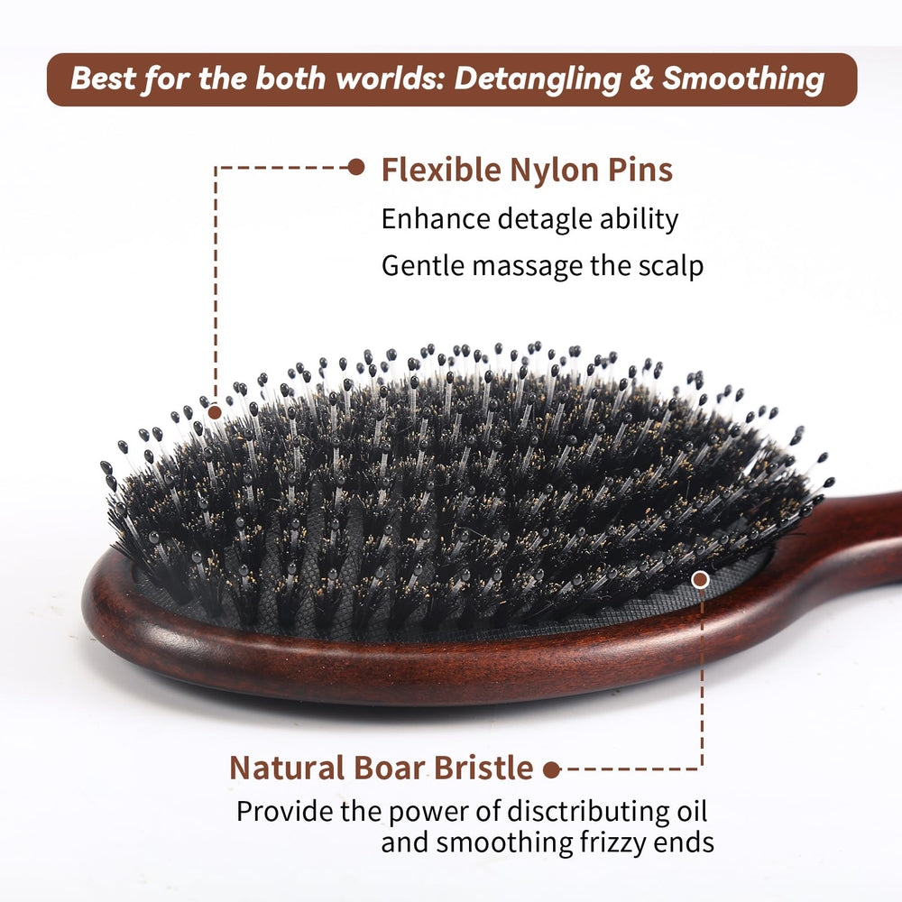 RAVEGO boar bristles evenly distribute scalp oils for healthier shine.