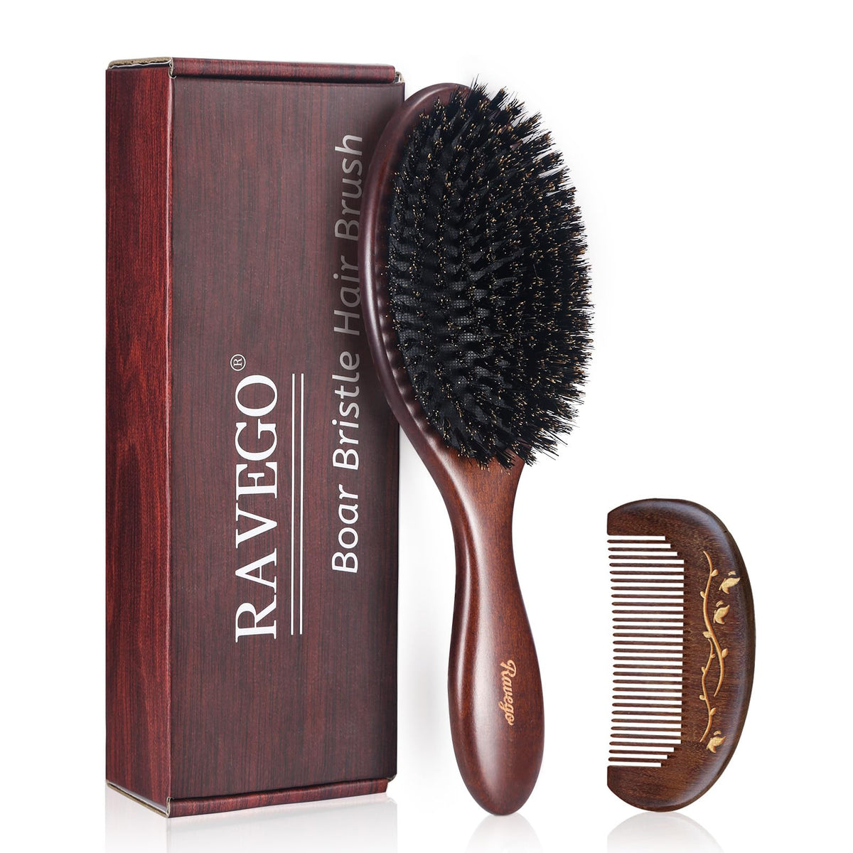RAVEGO hair brush with wooden handle for smoother, shinier hair.