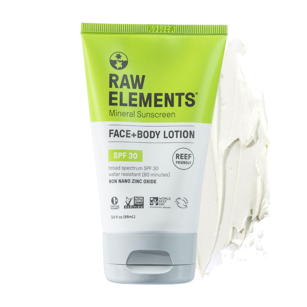 Raw Elements protector solar mineral SPF 30 en tubo para rostro y cuerpo.