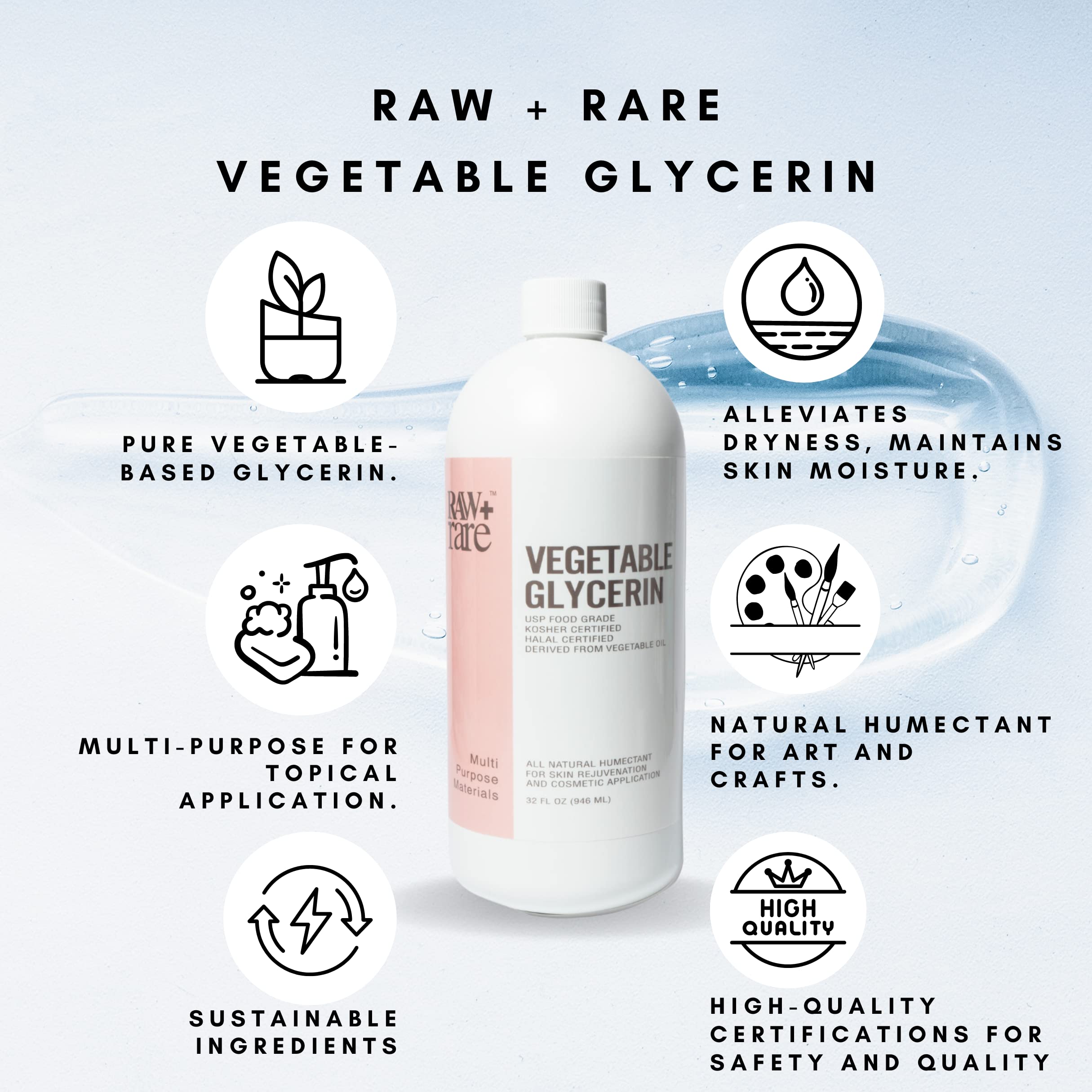 Raw Plus Rare glicerina vegetal aplicación en piel, humectante ligero.