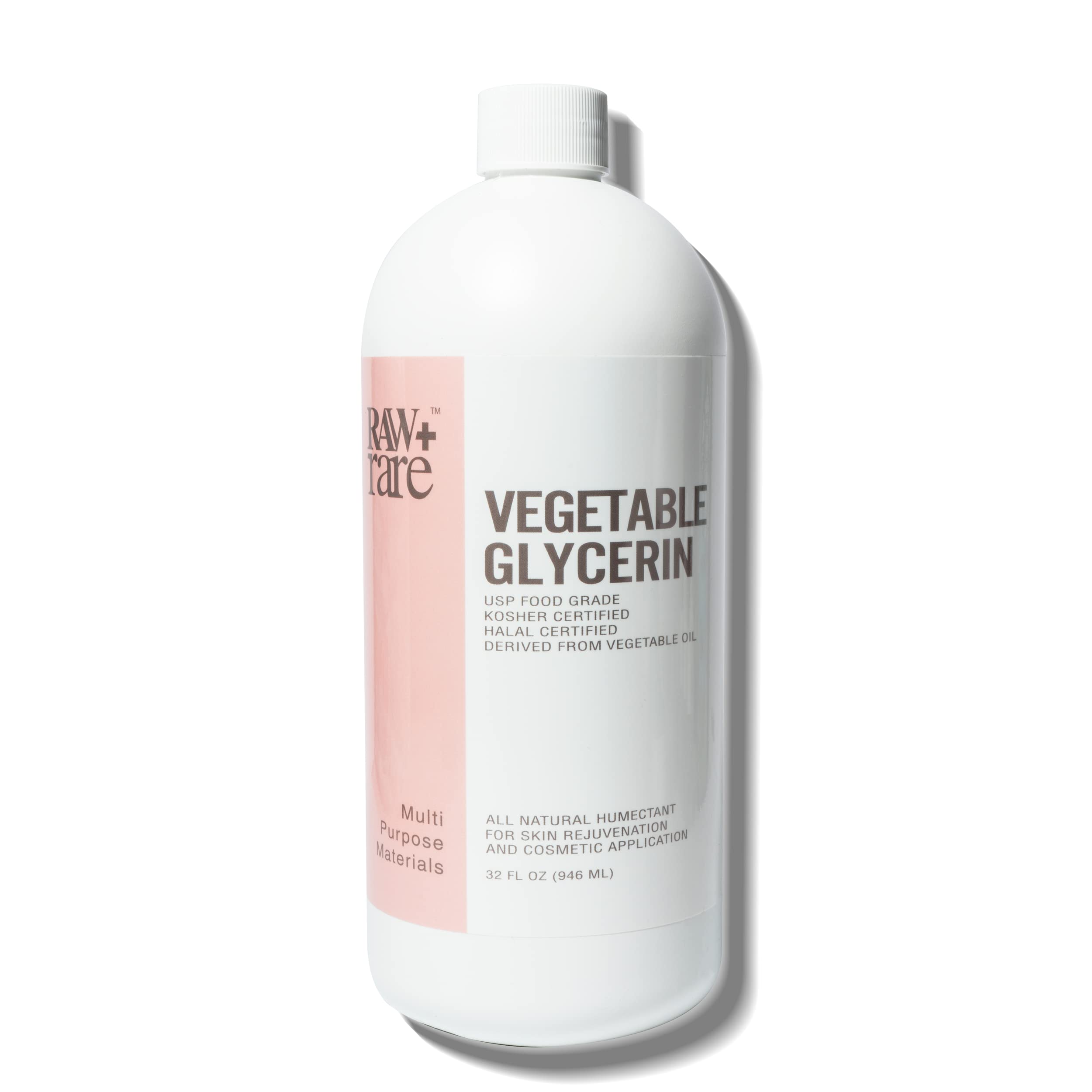Raw Plus Rare glicerina vegetal etiqueta clara, producto puro y seguro.