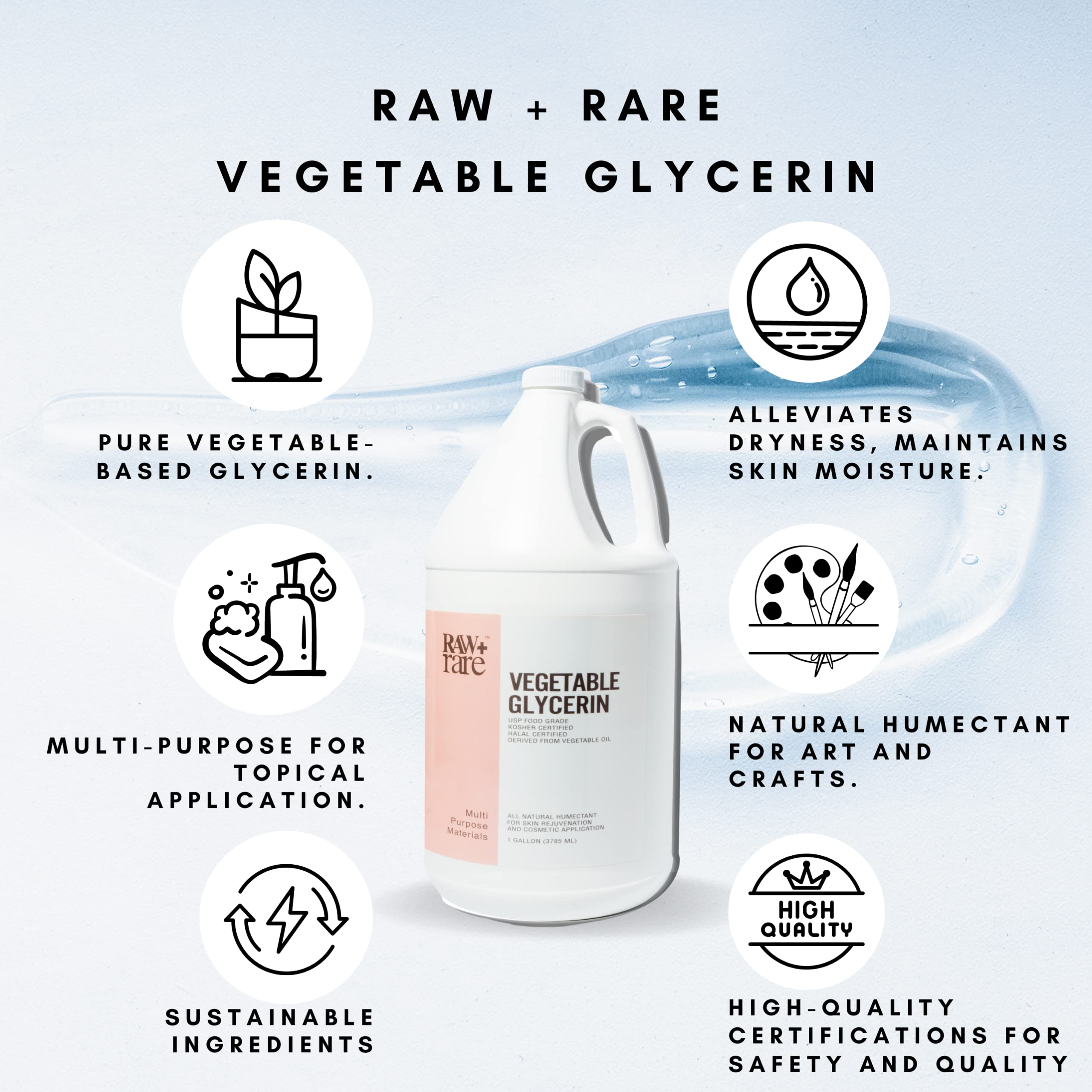 Raw Plus Rare glycerin colorless liquid highlighting purity for skin care