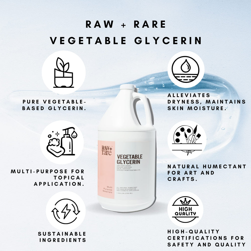 Raw Plus Rare glycerin colorless liquid highlighting purity for skin care