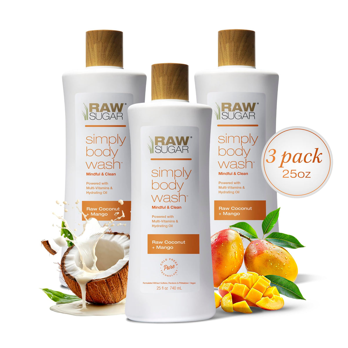 RAW SUGAR Coconut Mango Glow Bottle highlights a refreshing, hydrating cleanse for daily showers.