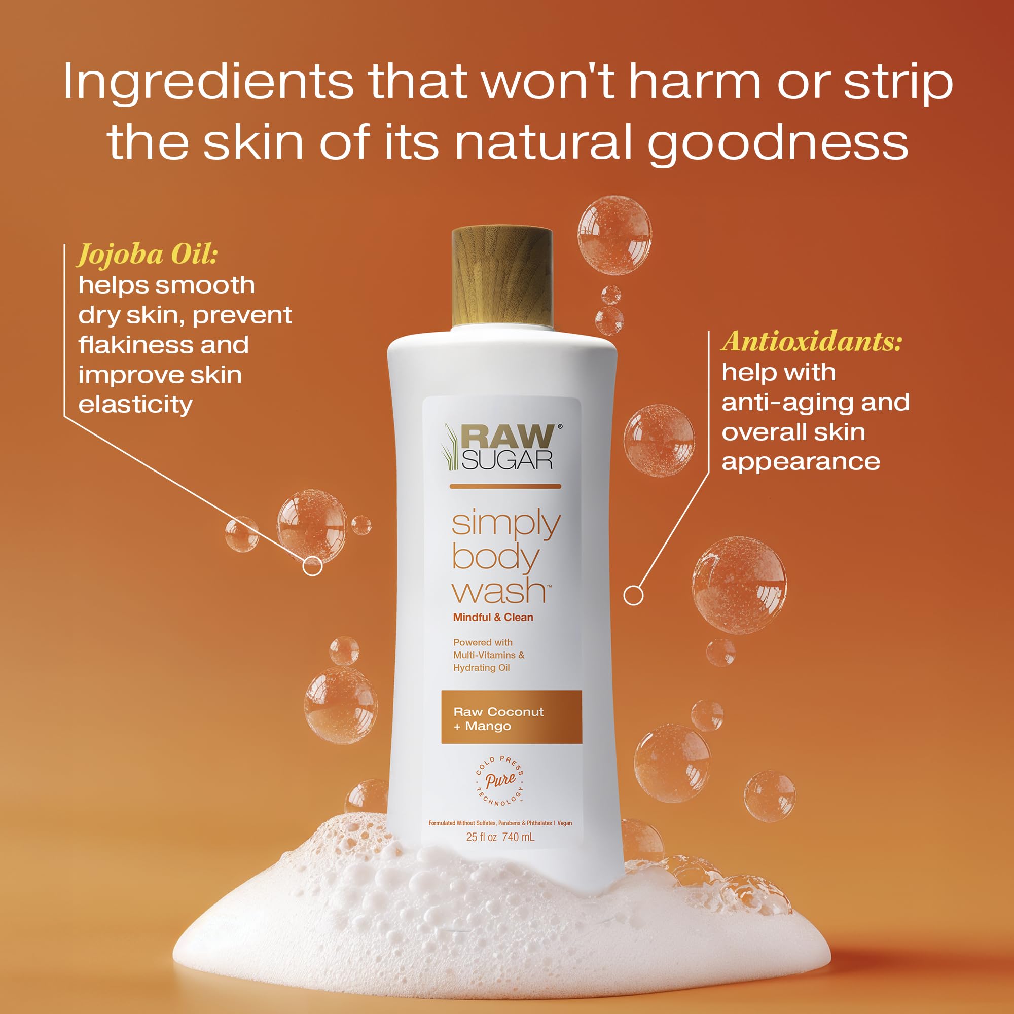 RAW SUGAR Coconut Mango Glow Foamy-Lather captures rich lather and tropical scent.