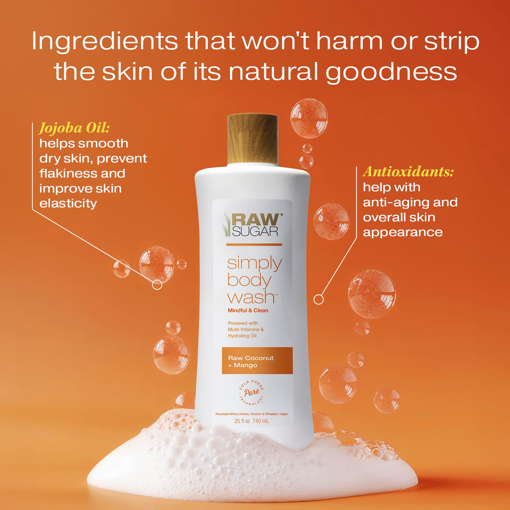 RAW SUGAR Coconut Mango Glow Foamy-Lather captures rich lather and tropical scent.