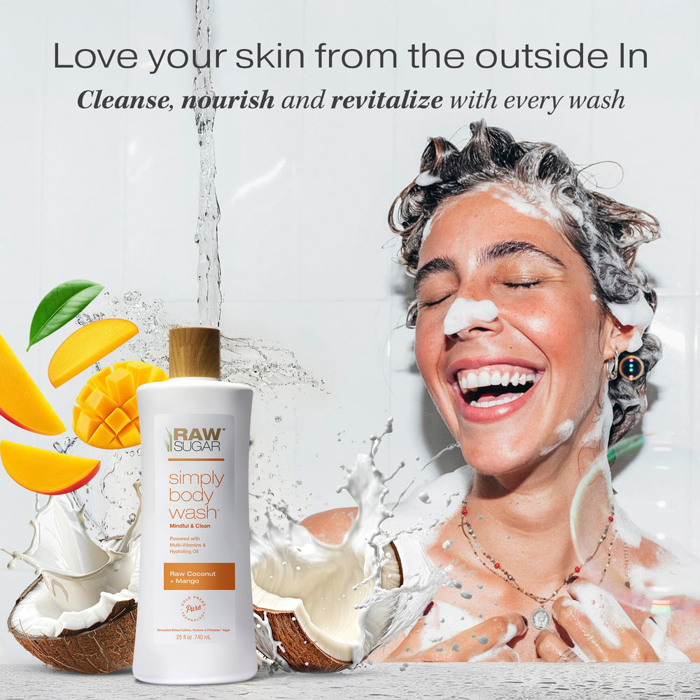 RAW SUGAR Coconut Mango Glow Pump-Dispense emphasizes easy, mess-free use in busy mornings.