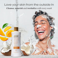 RAW SUGAR Coconut Mango Glow Pump-Dispense emphasizes easy, mess-free use in busy mornings.