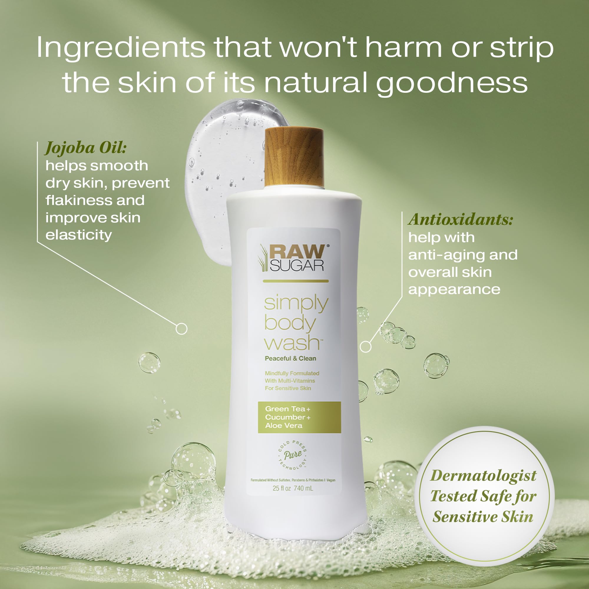 RAW SUGAR Green Tea Aloe Soother ingredients label reveals plant-based oils for skin nourishment.