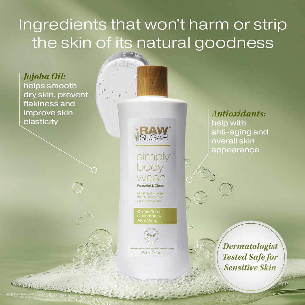 RAW SUGAR Green Tea Aloe Soother ingredients label reveals plant-based oils for skin nourishment.