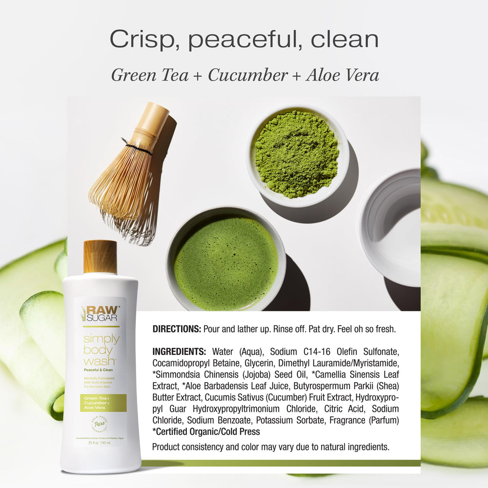 Lather-on-skin image conveys a crisp green-tea and cucumber scent for a refreshing cleanse.