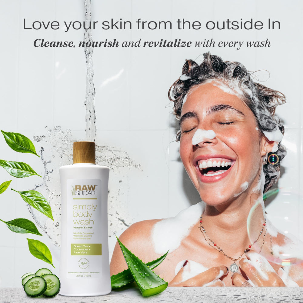 RAW SUGAR Green Tea Aloe Soother packaging highlights vegan, sulfate-free formula for daily showers.