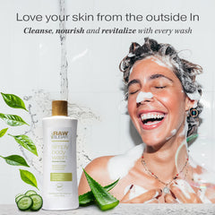 RAW SUGAR Green Tea Aloe Soother packaging highlights vegan, sulfate-free formula for daily showers.