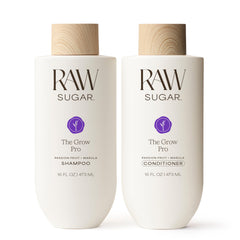 RAW SUGAR Grow Pro Shampoo bottle highlighting revitalizing formula for stronger-looking lengths.