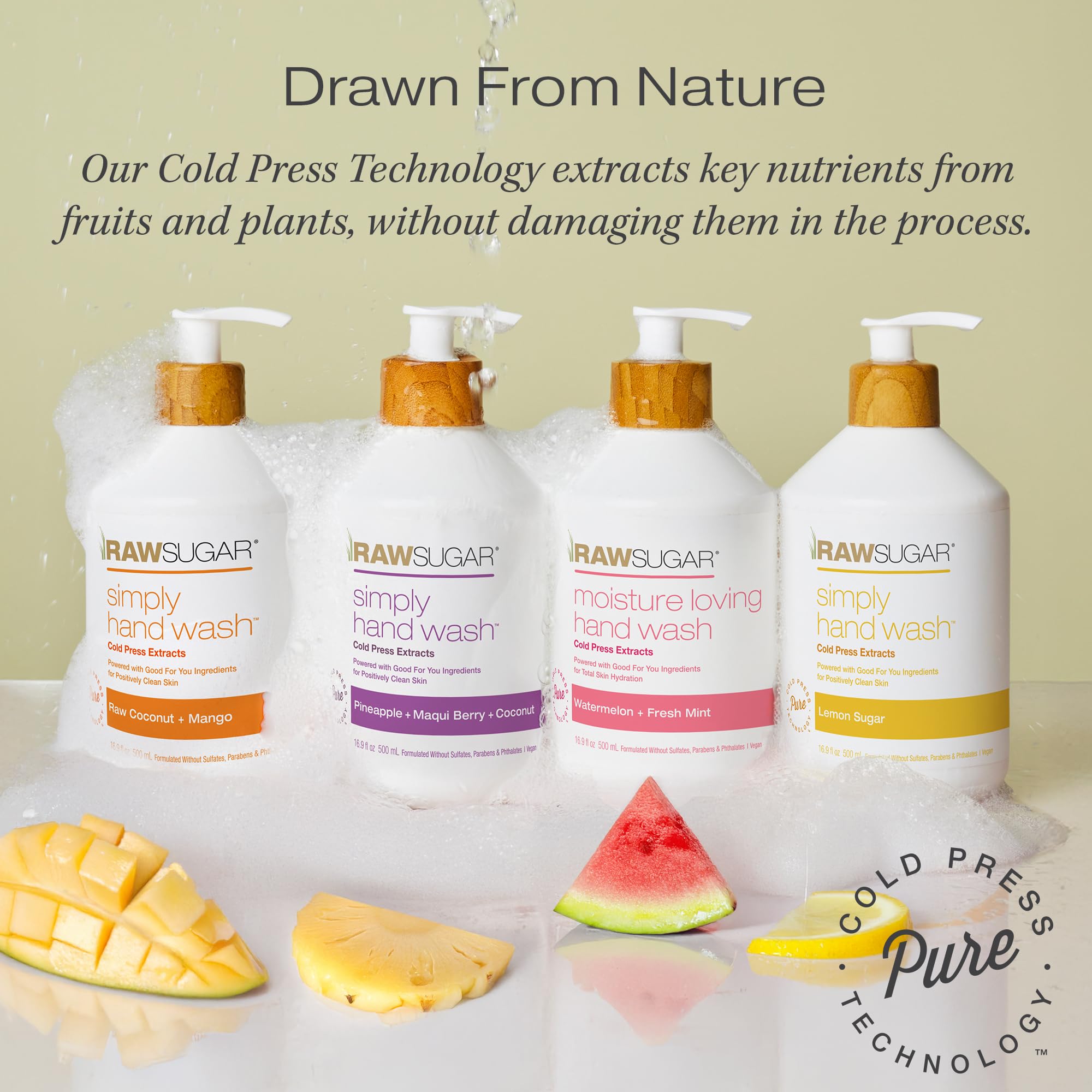 RAW SUGAR Hand wash bundle display shows four bottles for varied scents.