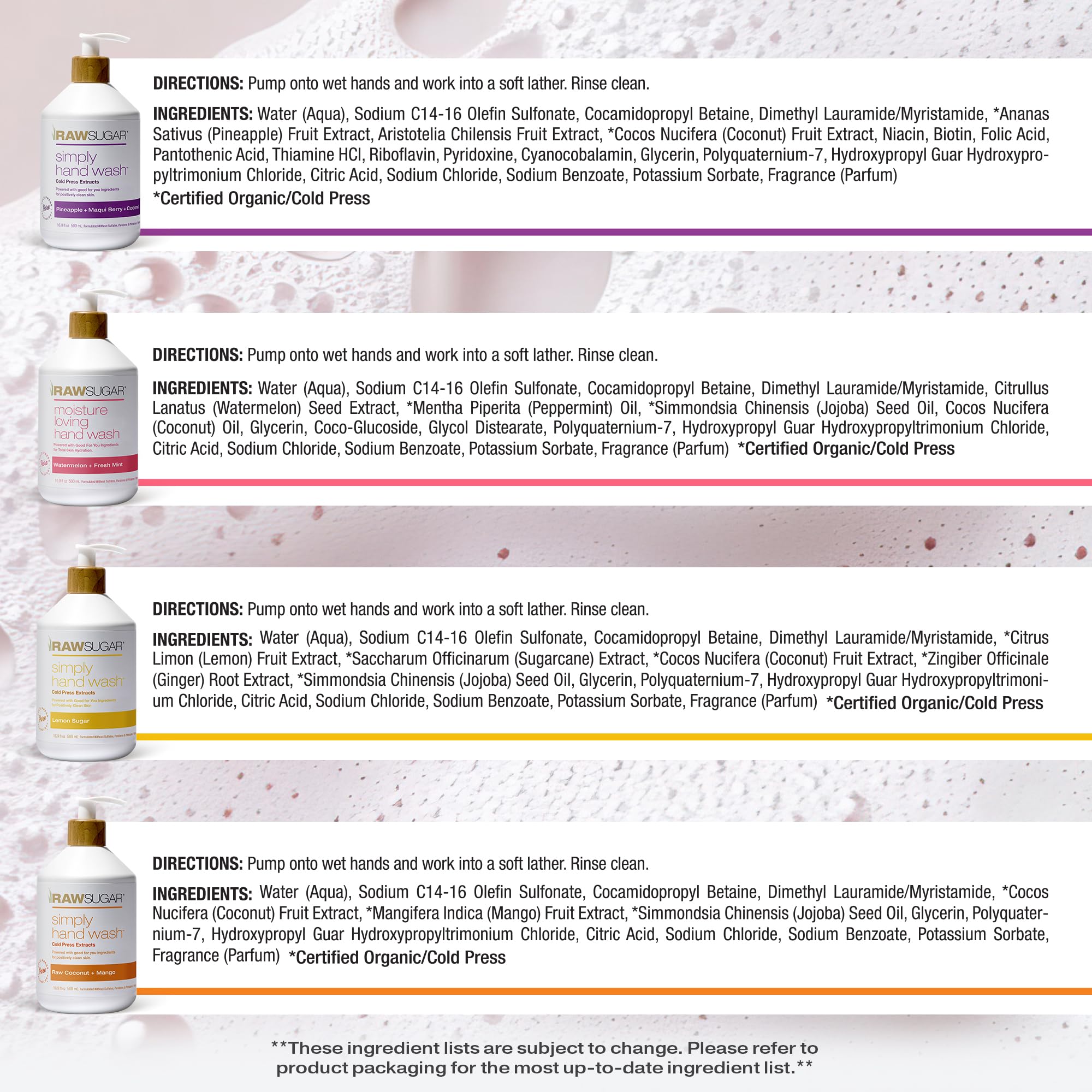 RAW SUGAR ingredients close-up highlights vegan, sulfate-free formula for cleaner hands.