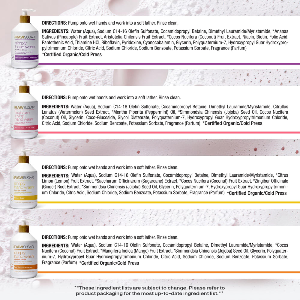 RAW SUGAR ingredients close-up highlights vegan, sulfate-free formula for cleaner hands.