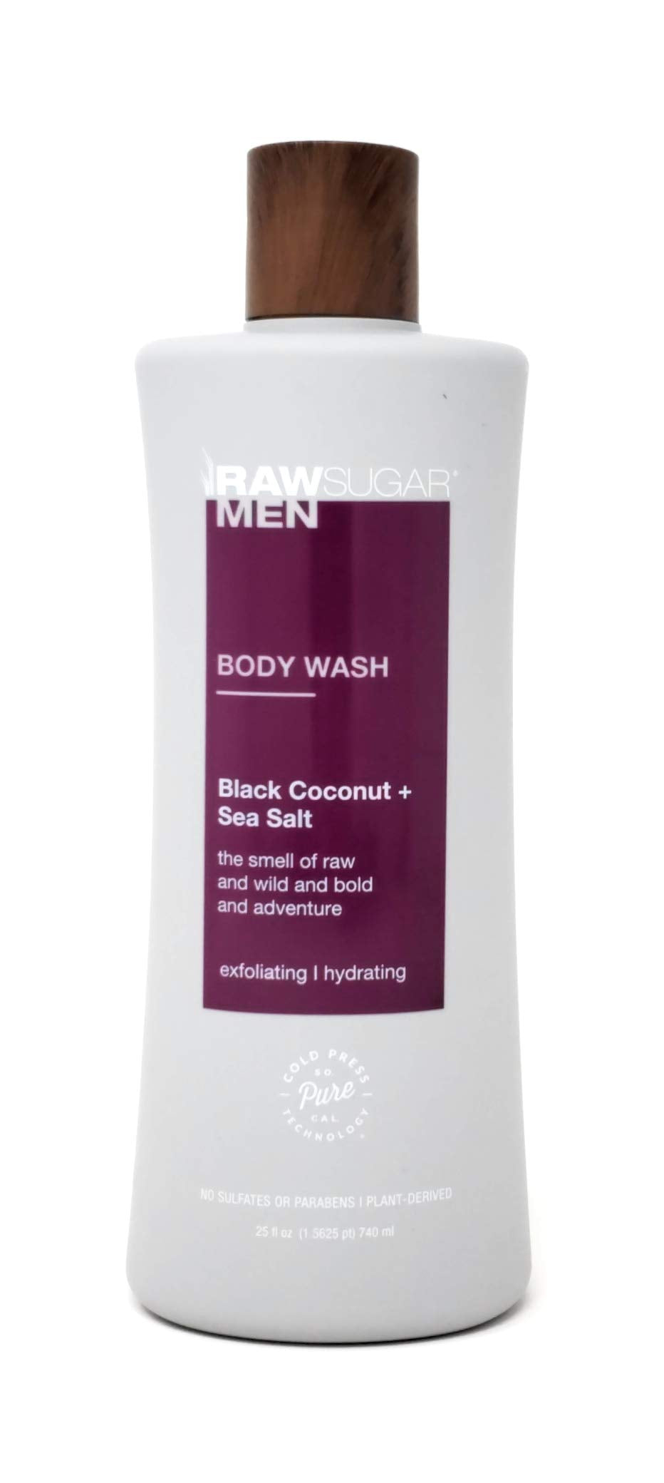 RAW SUGAR men's body wash bottle with black coconut and sea salt for a hydrating cleanse.