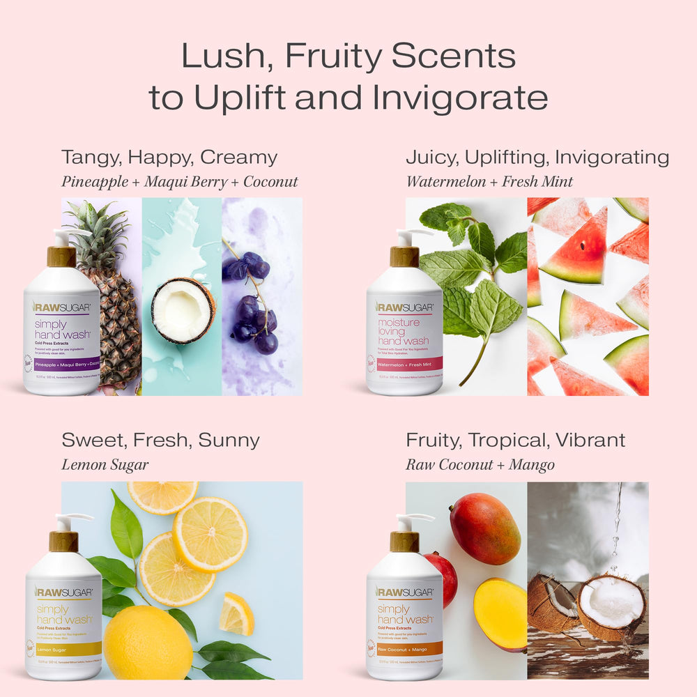 RAW SUGAR Pineapple Maqui Berry Coconut hand wash bottle evokes tropical zest and smooth cleanse.