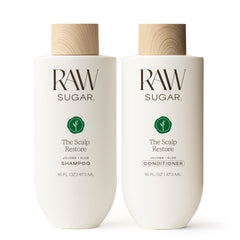 Raw Sugar Scalp Restore Shampoo bottle emphasizes jojoba and aloe for a refreshed scalp.