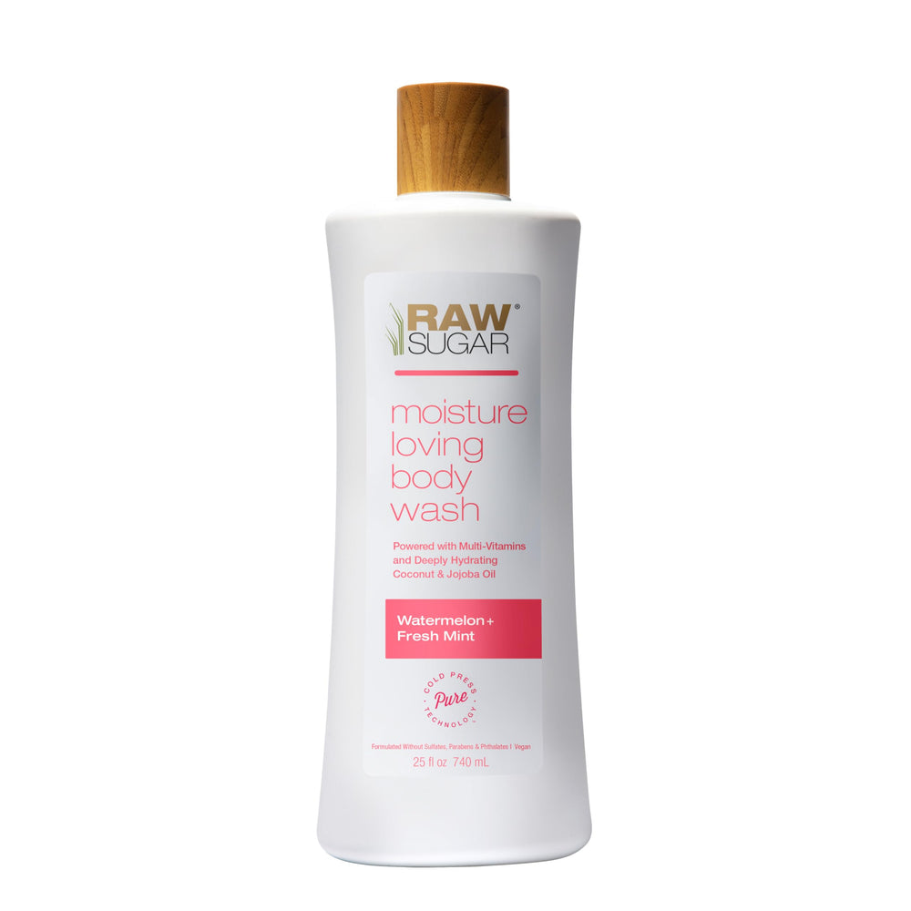 RAW SUGAR Simply Body Wash, botella frontal, hidrata suavemente la piel durante la ducha.