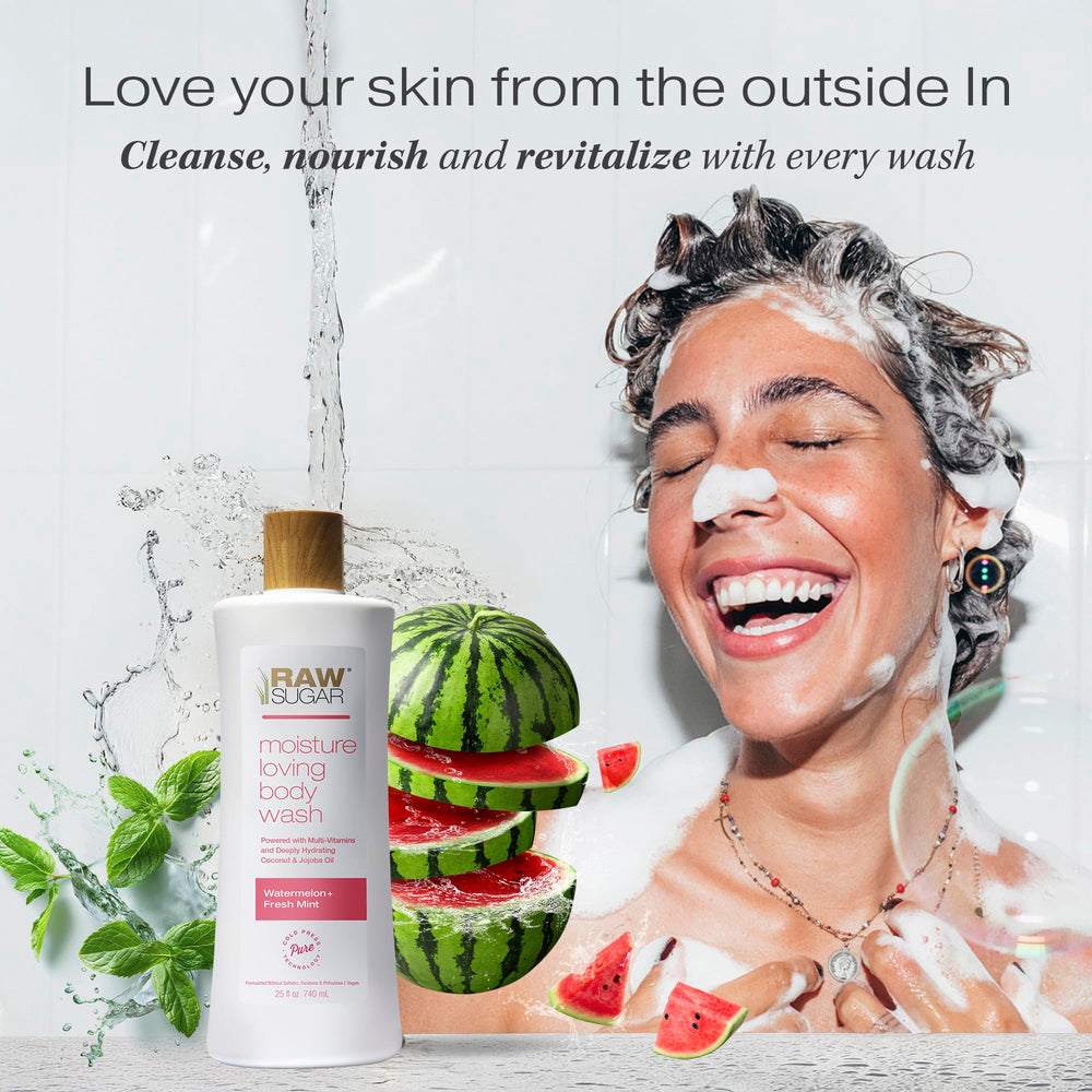 RAW SUGAR Simply Body Wash etiqueta de ingredientes, muestra ingredientes naturales sin sulfatos.