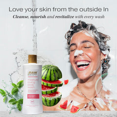 RAW SUGAR Simply Body Wash etiqueta de ingredientes, muestra ingredientes naturales sin sulfatos.