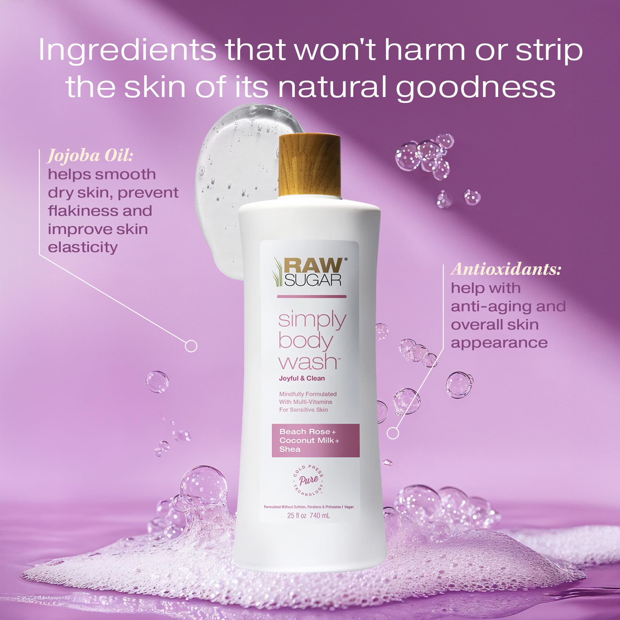 RAW SUGAR Simply Body Wash Shea hydration supports dry skin softness.