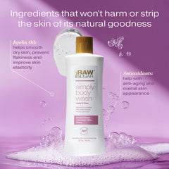 RAW SUGAR Simply Body Wash Shea hydration supports dry skin softness.