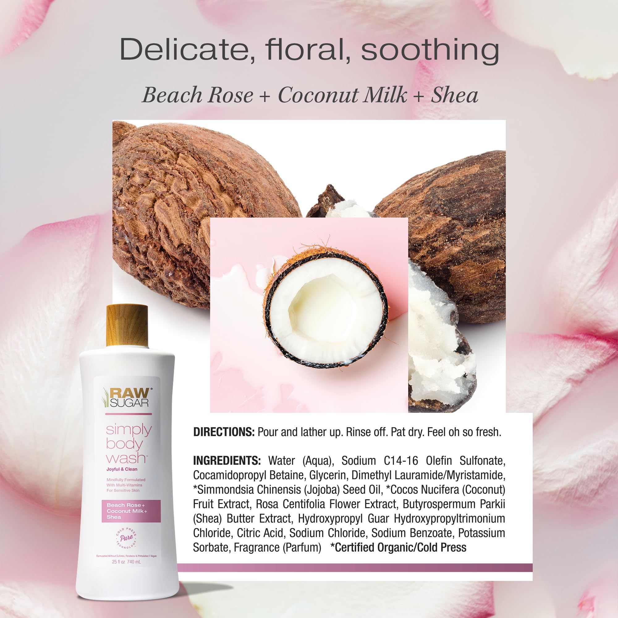 Vegan cruelty-free label on RAW SUGAR Simply Body Wash packaging.