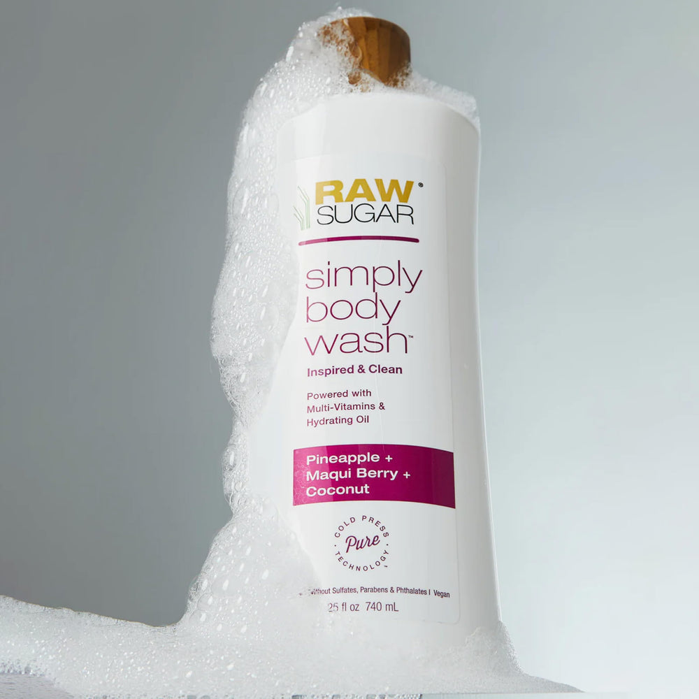 RAW SUGAR Simply Body Wash Watermelon Fresh Mint bottle offers cooling cleanse.