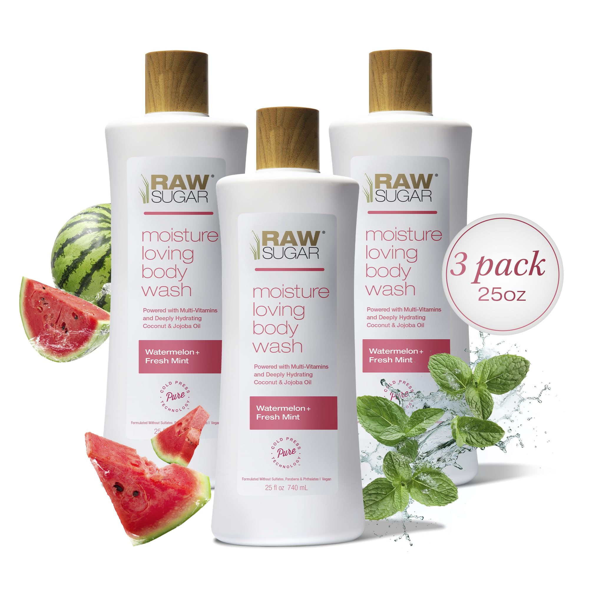 RAW SUGAR Watermelon Mint Refresh bottle pour showing quick, invigorating cleansing