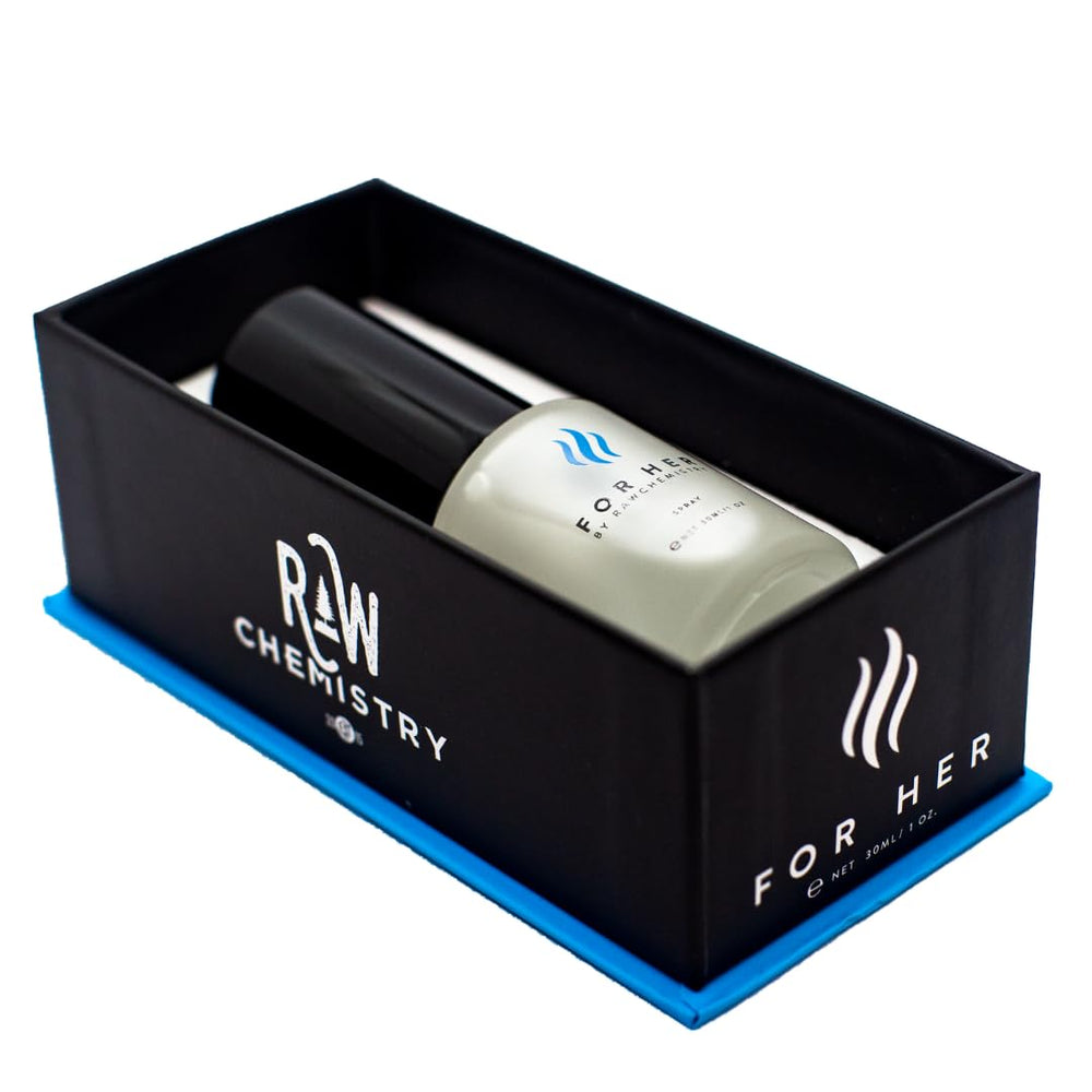 RawChemistry For Her bottle close-up highlights alcohol-free formula for comfortable wear.