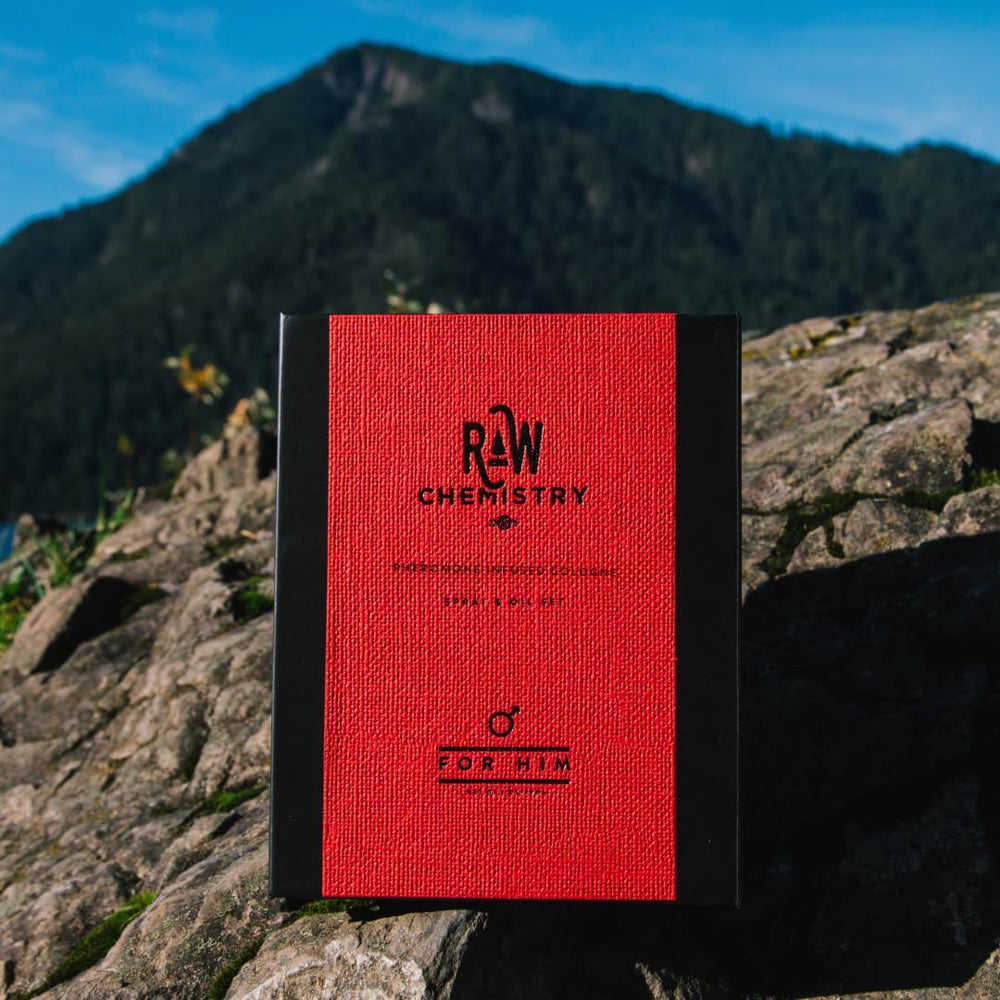 RawChemistry For Him Set in hand demonstrating portable fragrance
