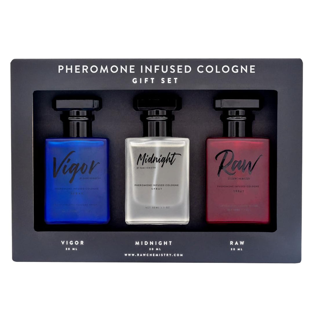 RawChemistry pheromone-infused mens cologne set bottle close-up, premium scent for daily wear