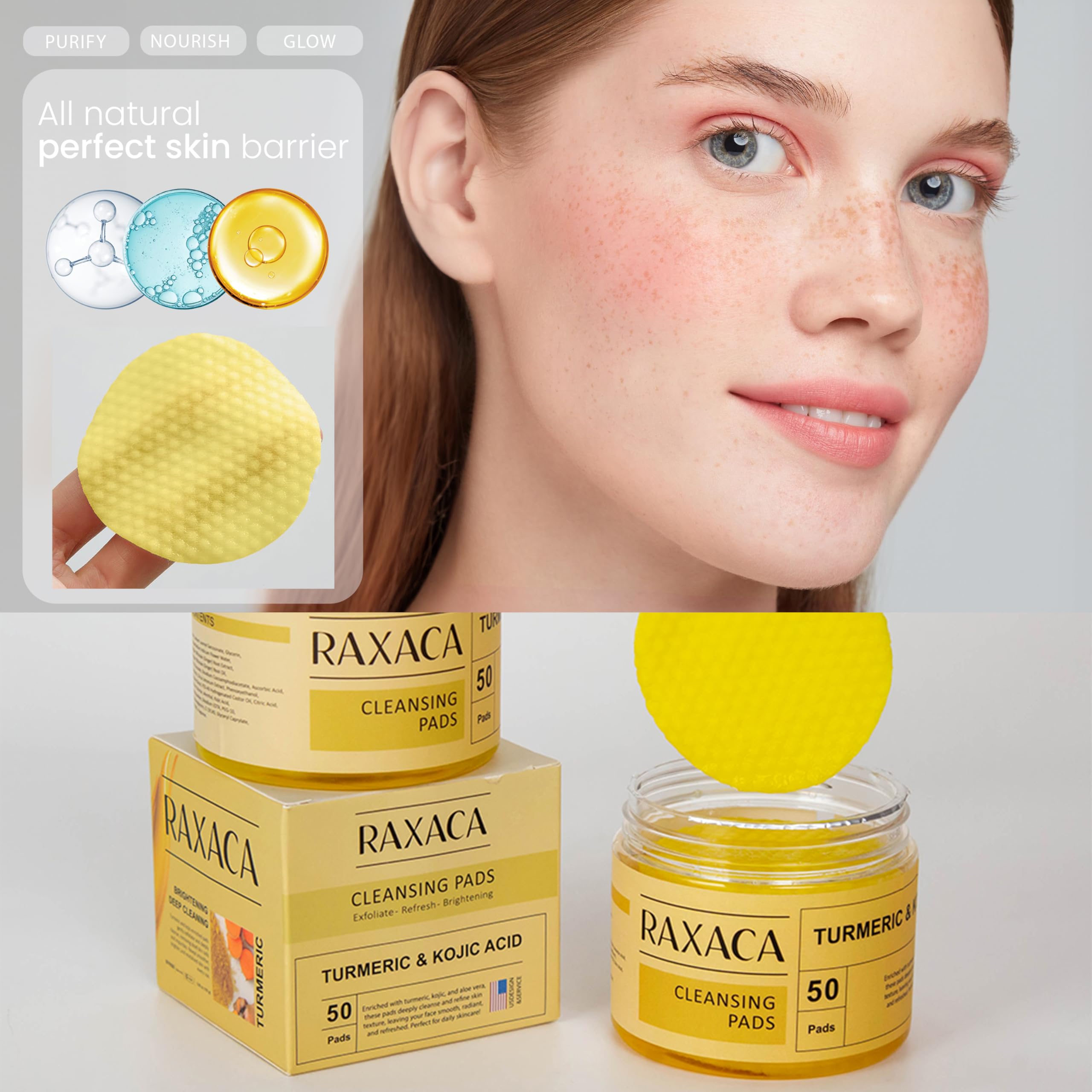 RAXACA Kojic Turmeric brightening pads close-up showing even tone potential.